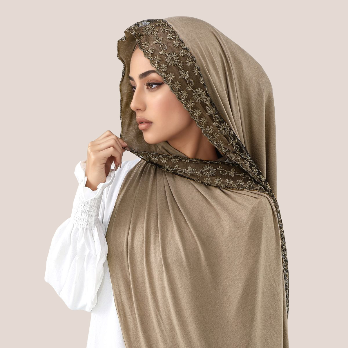 Head Wrap Turban - Lace Embroidery Cotton Jersey Muslim Hijab