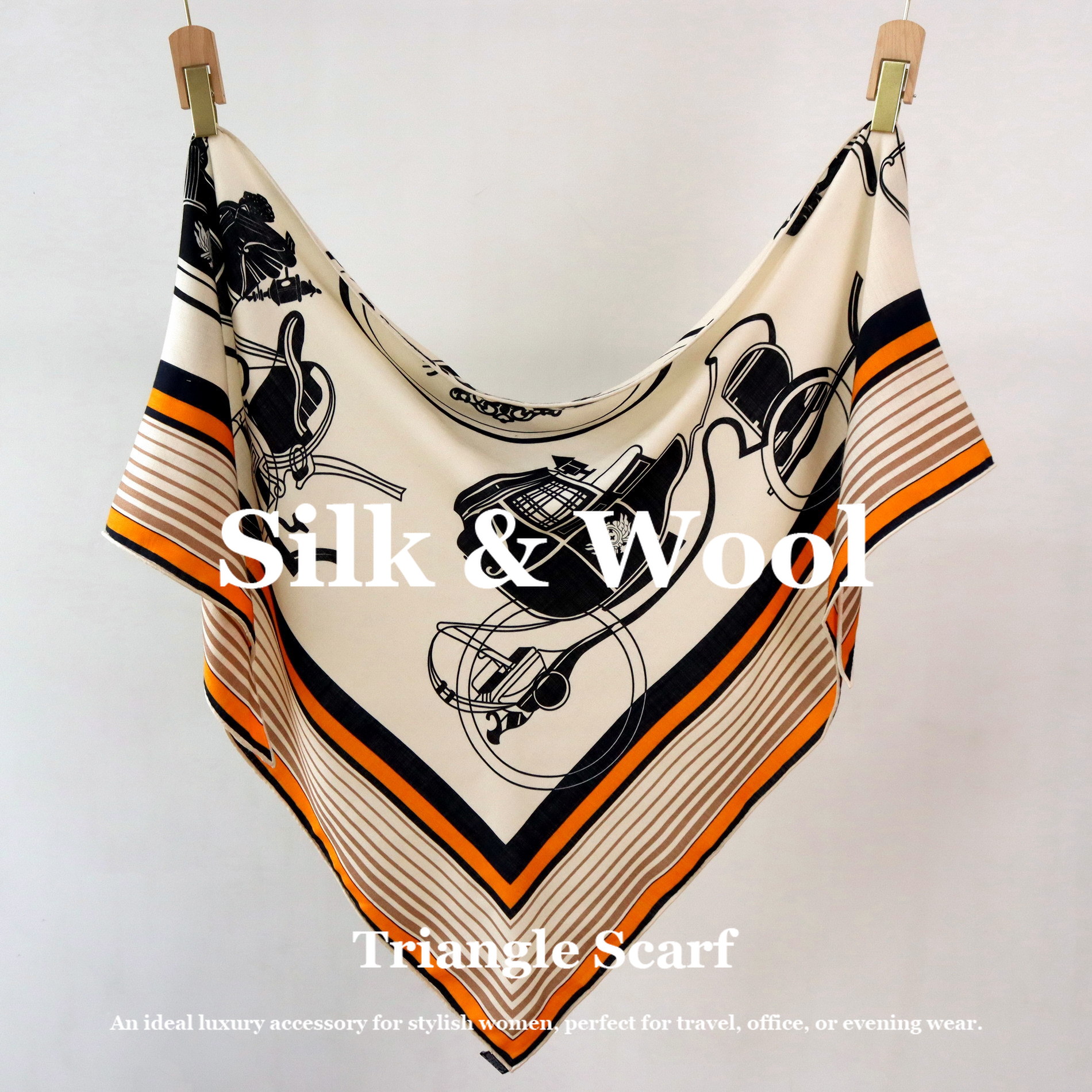 Pashmina Wrap Large - Vintage Equestrian Print Silk Wool Scarf