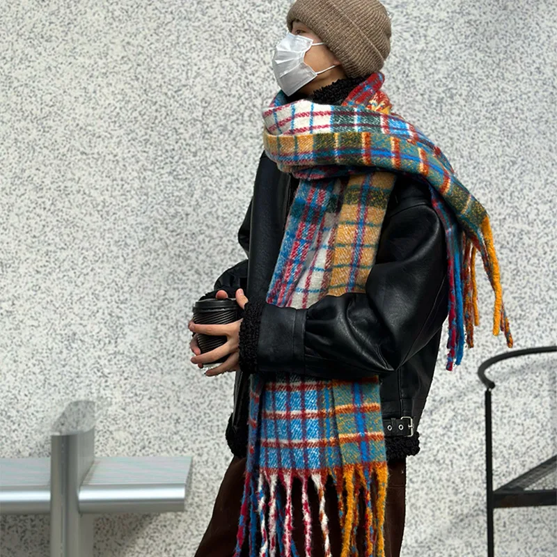 Muffler Men Wool - Vintage Colorful Plaid Cashmere Tassel Scarf