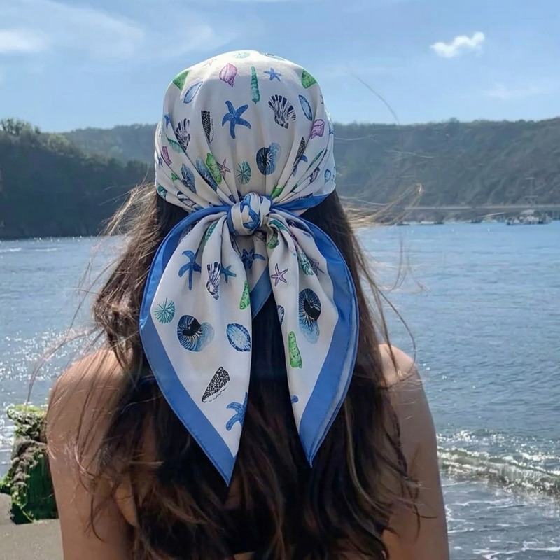 Ascot Neck Scarf - Women Silk Feeling Square Scarf Ocean