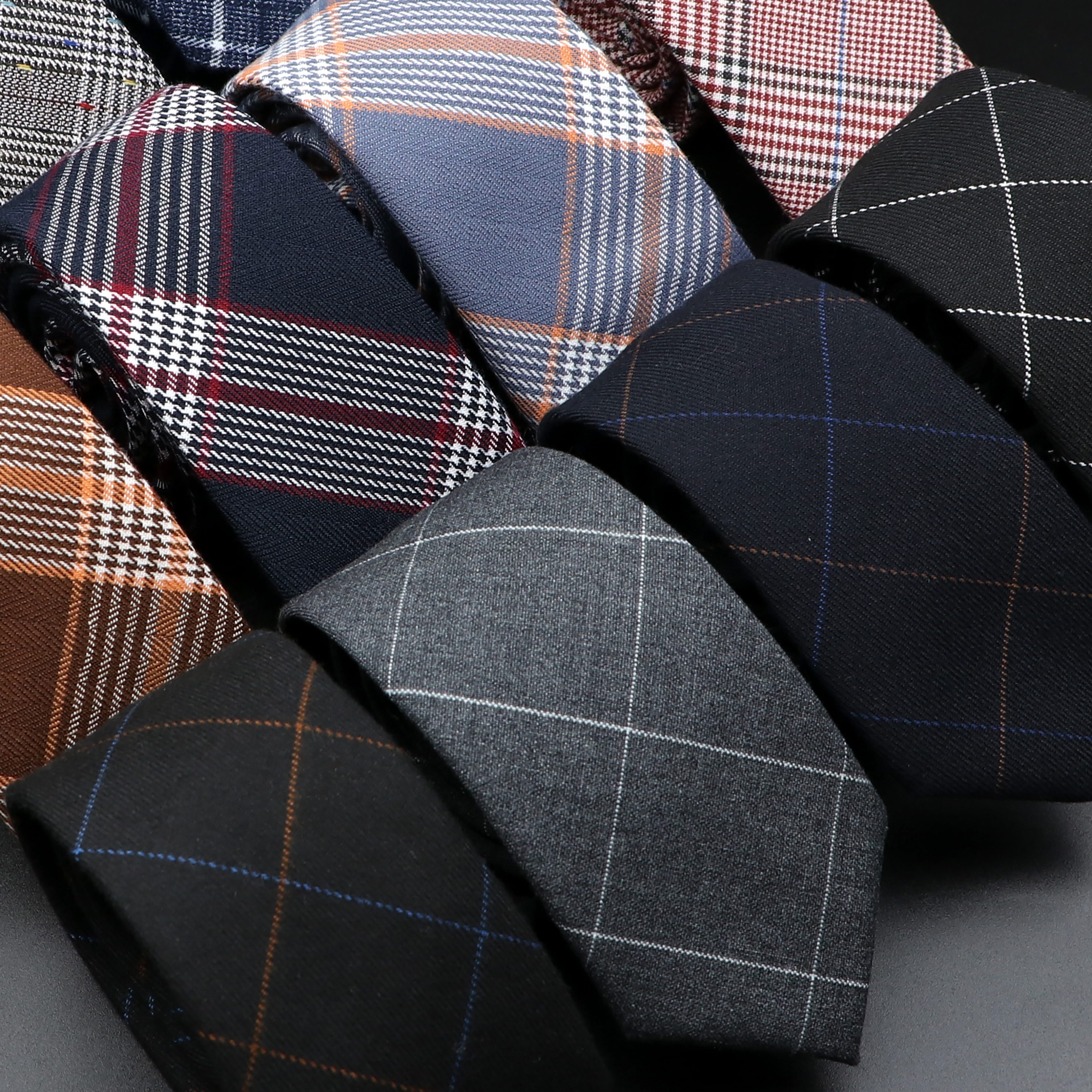 Skinny Tie Men - Classic Black Grey Plaid Cotton Necktie