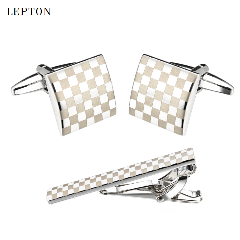 Tie Bar Set Gift - Lepton Classic Square Laser Mens Cufflinks