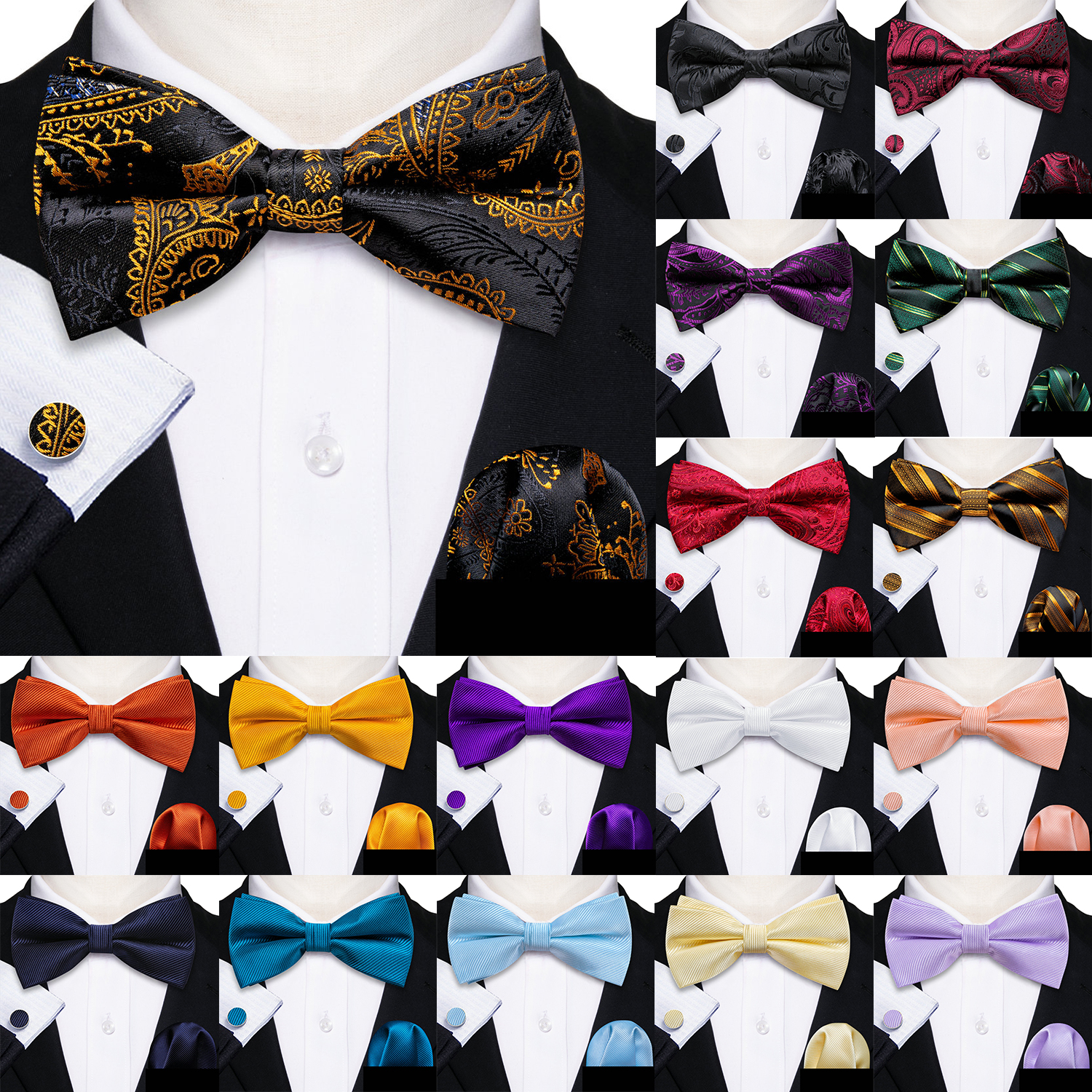 Bow Tie Pre Tied - Barry.Wang Silk Mens Bow Tie Black
