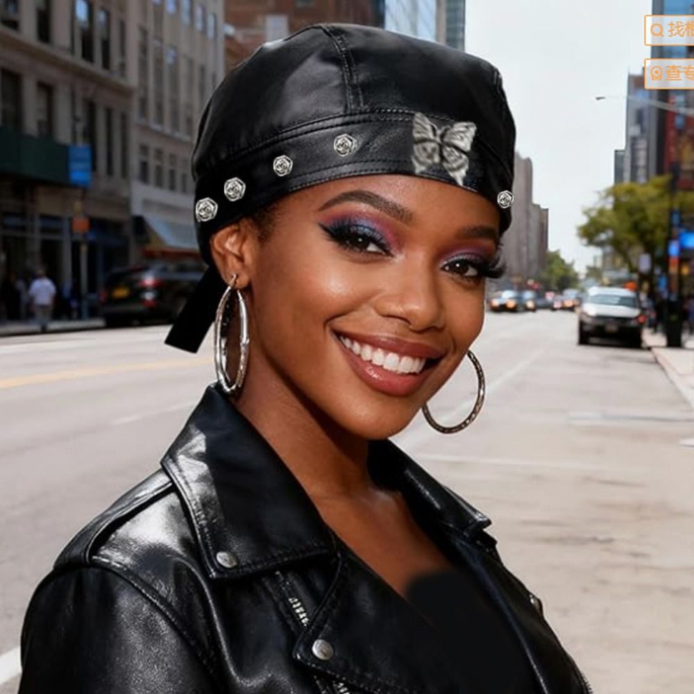 Bandana Doo Rag - PU Leather Black Biker Cap Doo