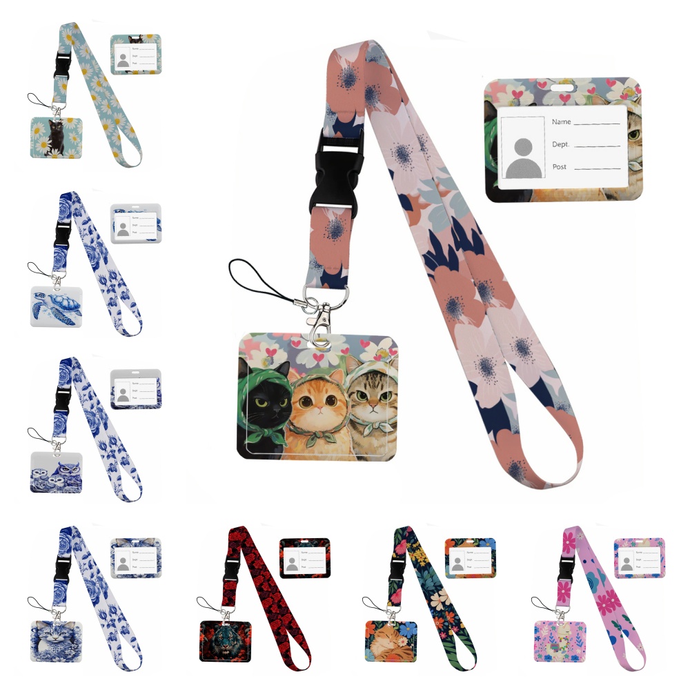 Lanyard Badge Holder - Small animals inside flowers Print Ribbon
