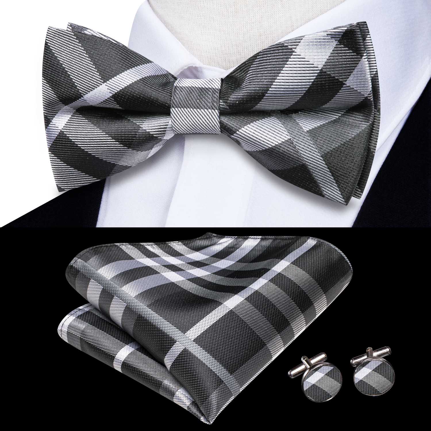 Hi-Tie Grey Plaid Jacquard Sil - Bow Tie Pre Tied のレビューと価格