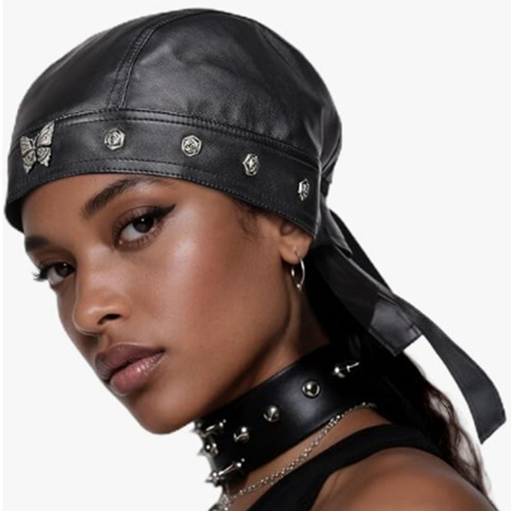 New PU Leather Black Biker Cap - Bandana Doo Rag のレビューと価格